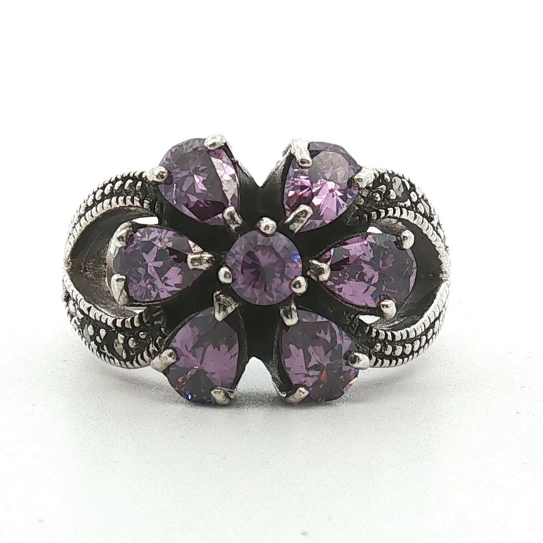 Sterling Silver Amethyst Floral With Marcasite Accent Fashion Ring Size 8