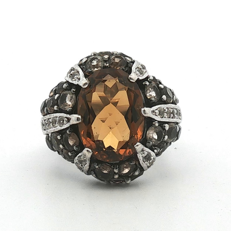 Sterling Silver Created Smokey Topaz Oval Cut And CZ Fashion Ring Size 7