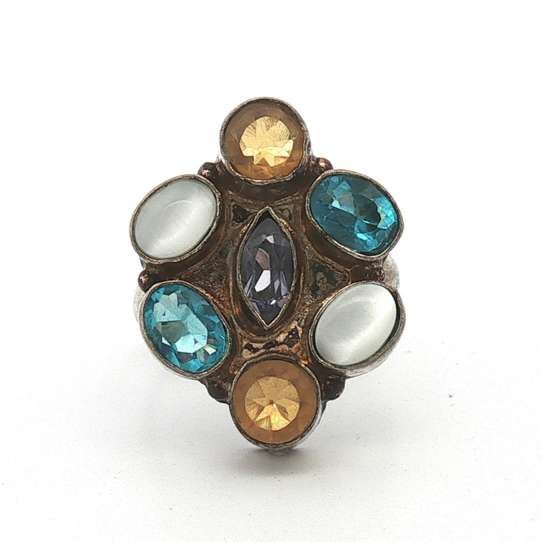 Sterling Silver Cats Eye Citrine Blue Topaz And Amethyst Cluster Cocktail Statement Ring Size 9.5