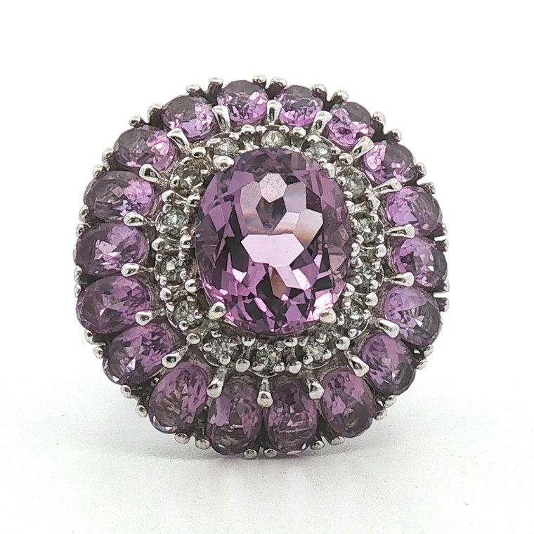 Sterling Silver Amethyst And CZ Halo Cluster Ring Size 7