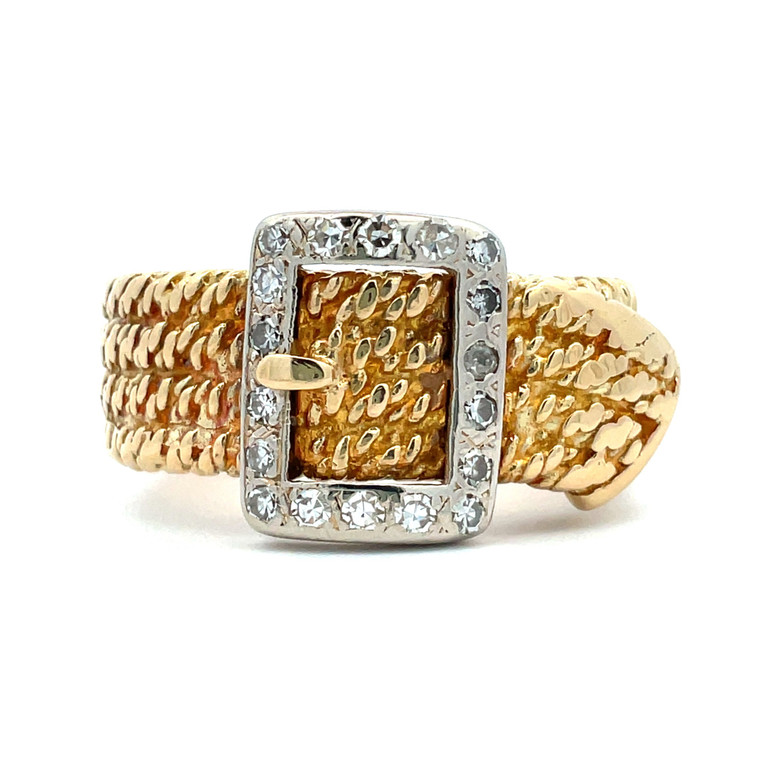 Vintage 18K Two Tone Rose Cut Diamond Accented Buckle Rope Wide Band Ring Size 8.5