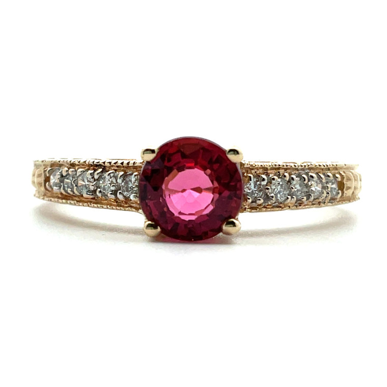 14K Yellow Gold Round Pink Tourmaline Diamond Pave Band Fashion Ring Size 7.5