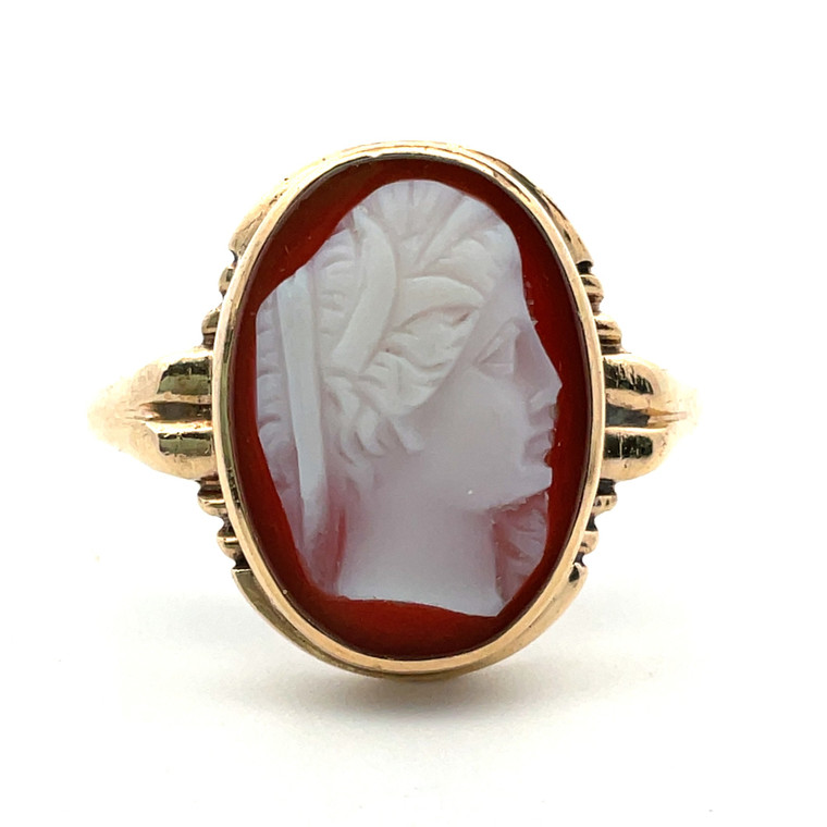 Vintage 10K Yellow Gold Carnelian Cameo Side Profile Estate Ring Size 5.75