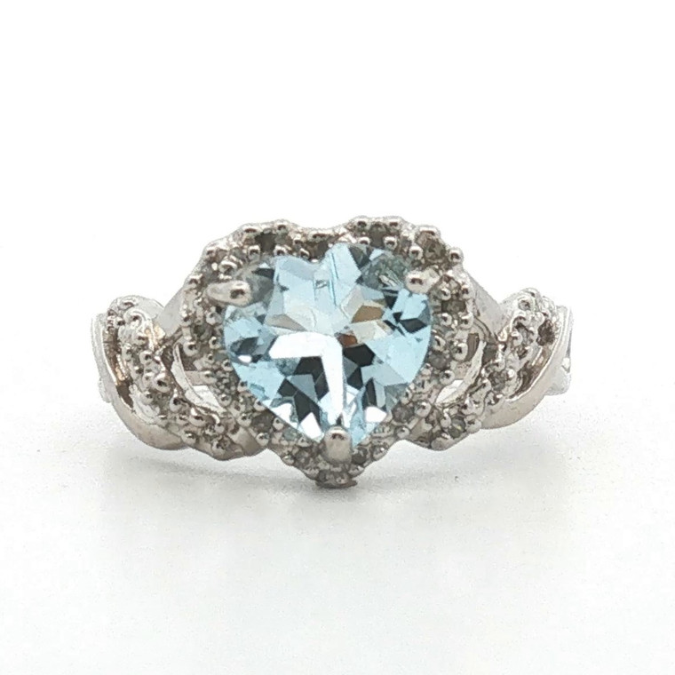 Sterling Silver Blue Topaz Heart Cut With Moissanite Accents Fashion Ring Size 6.75