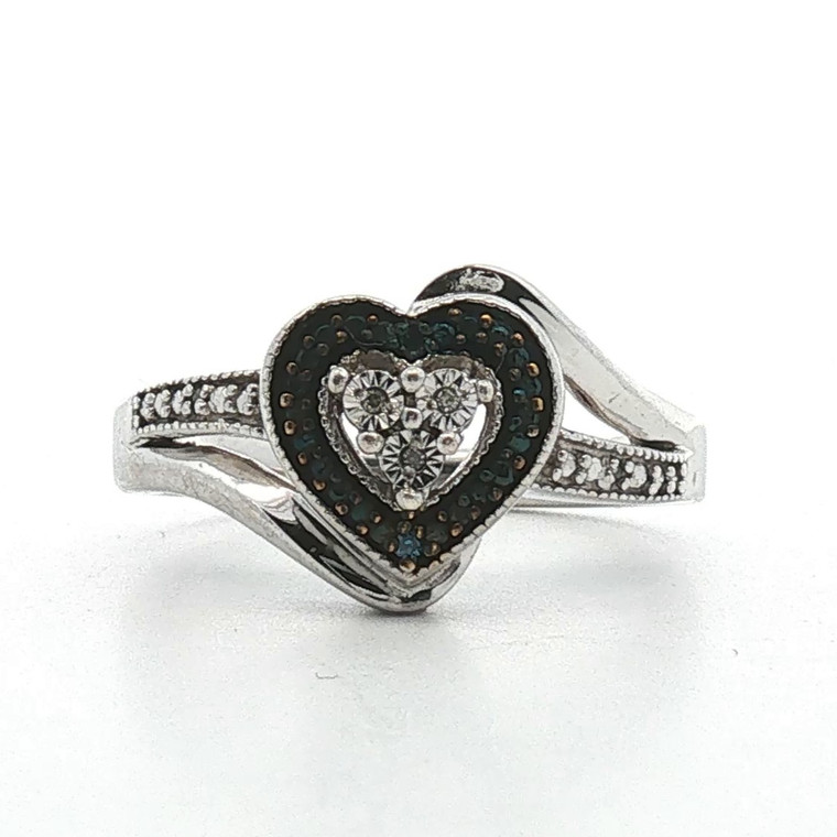 Sterling Silver Diamond Heart Shaped With Blue Accent Stones Statement Ring