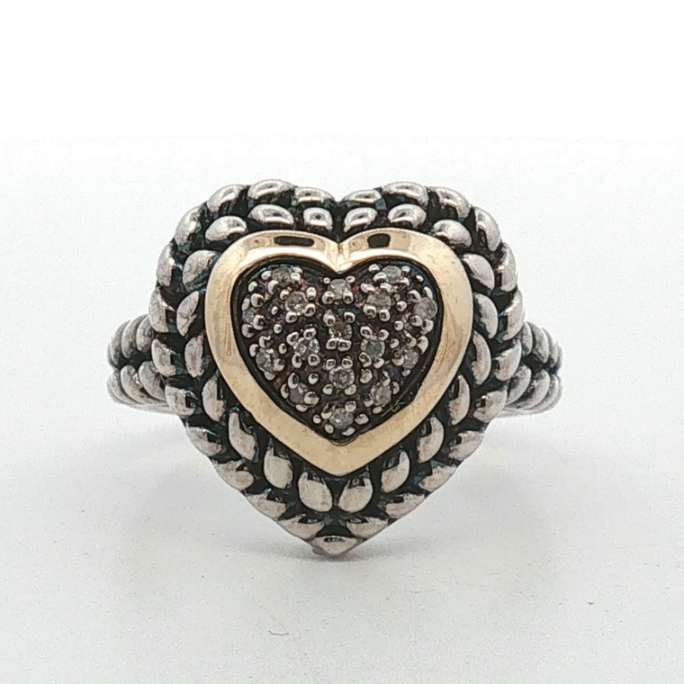 Sterling Silver 14K YG Diamond Heart Cluster Statement Ring Size 6