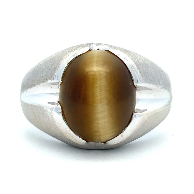 10K White Gold Brushed Matte Band Cabobchon Tigers Eye Mens Ring Size 10