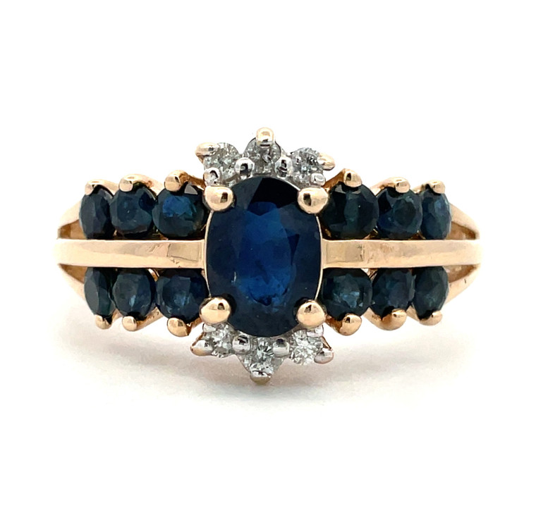 14K Yellow Gold Oval Sapphire Round Accented Double Row Band Diamond Chip Half Halo Statement Ring Size 6.75