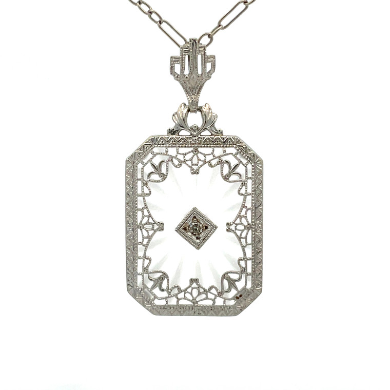 14K Gold Vintage c.1925 Frosted Quartz Camphor Glass Design Diamond Necklace 16"