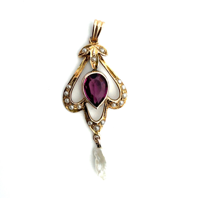10K Yellow Gold Vintage Edwardian Purple Glass and Pearl Lavalier Pendant
