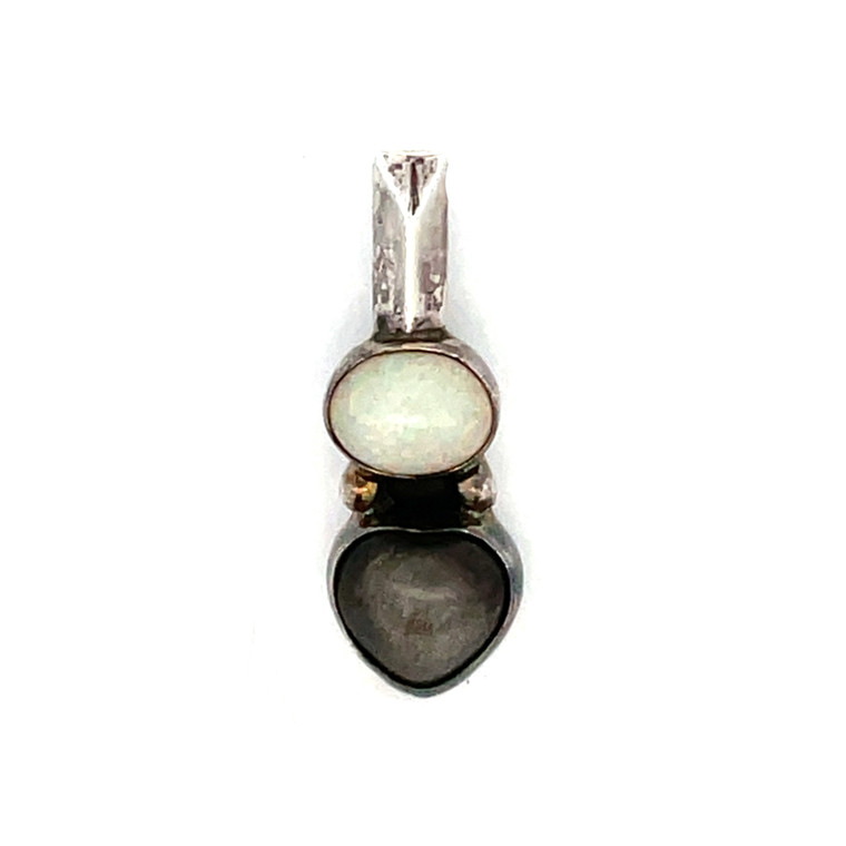 Sterling Silver Navajo Fire Opal Oval and Grey Moonstone Heart Dangle Pendant