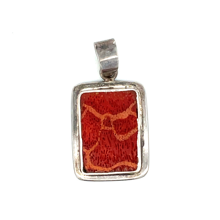 Sterling Silver Vintage Bali Red Sponge Coral Rectangular Pendant