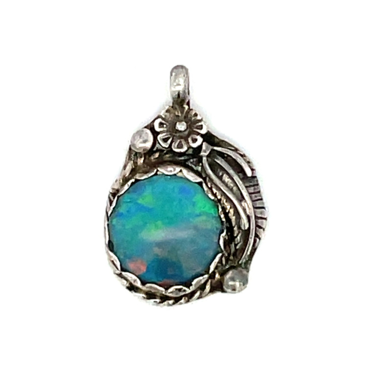 Sterling Silver Vintage Native Blue Opal Circle with Flower and Feather Pendant