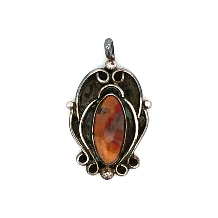 Sterling Silver Vintage Crazy Lace Agate Oval in a Filigree Frame Pendant