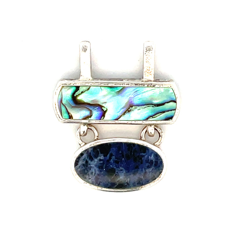 Sterling Silver Vintage Thailand Paua Abalone Shell Rectangle and Sodalite Oval Dangle Pendant