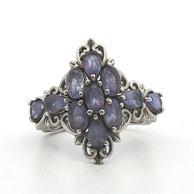 Sterling Silver Tanzanite Marquise Cut Cluster Fashion Ring Size 7