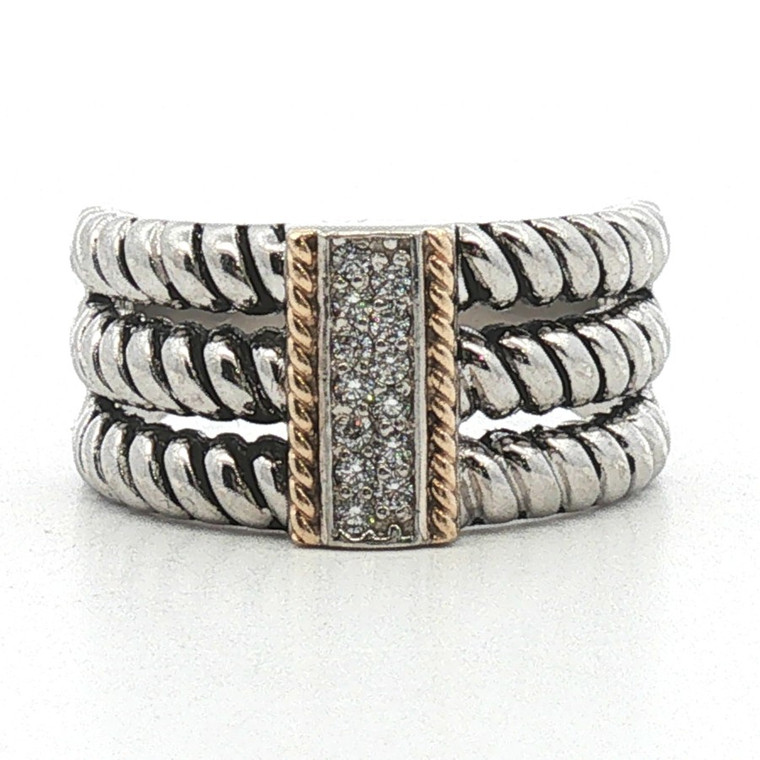 Sterling Silver 14K CZ Three Twist Band Statement Ring Size 7
