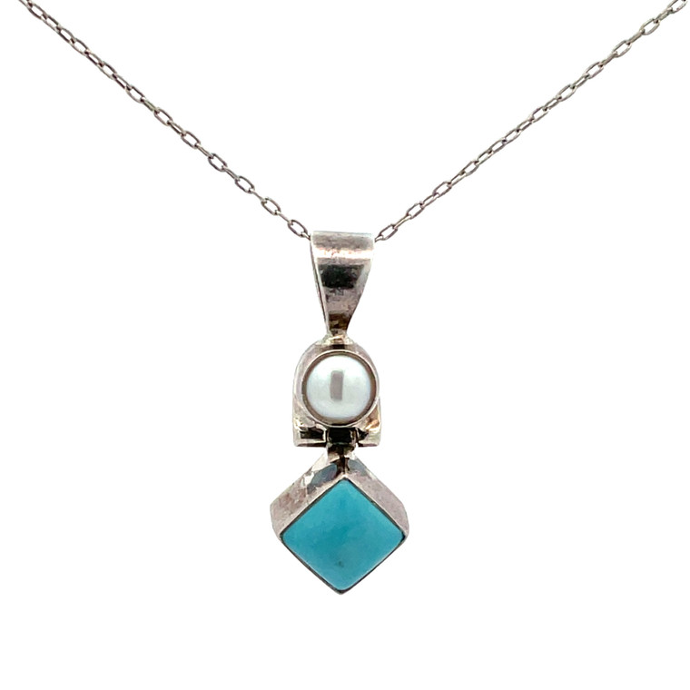 Sterling Silver Vintage Circle Pearl and Tilted Square Turquoise Hinged Dangle Pendant Box Chain Necklace