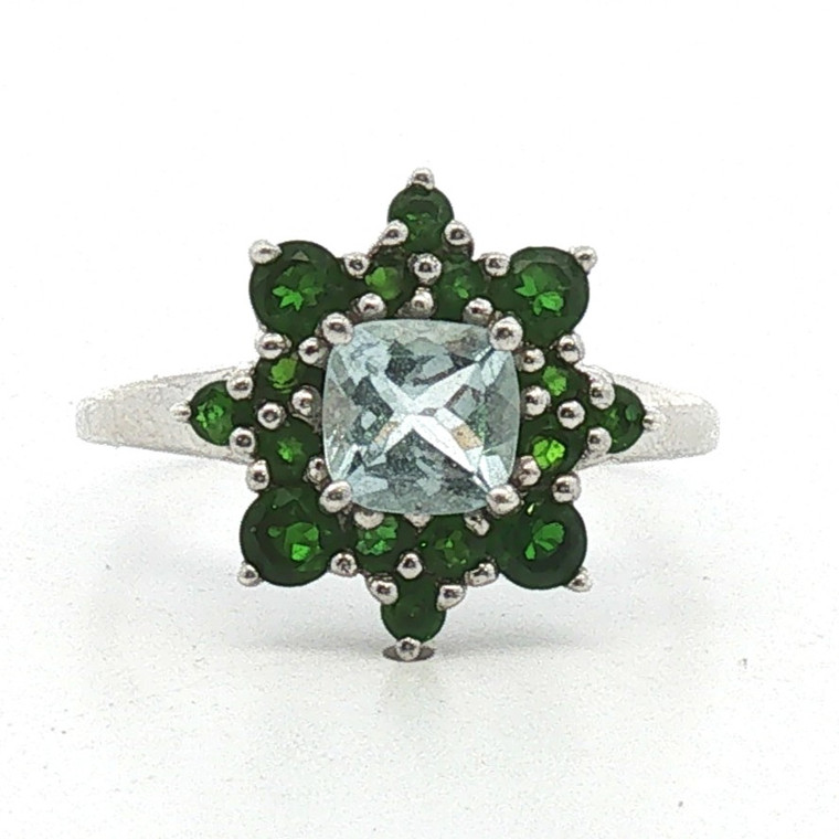 Sterling Silver Aquamarine And Chrome Diopside Cluster Ring Size 9