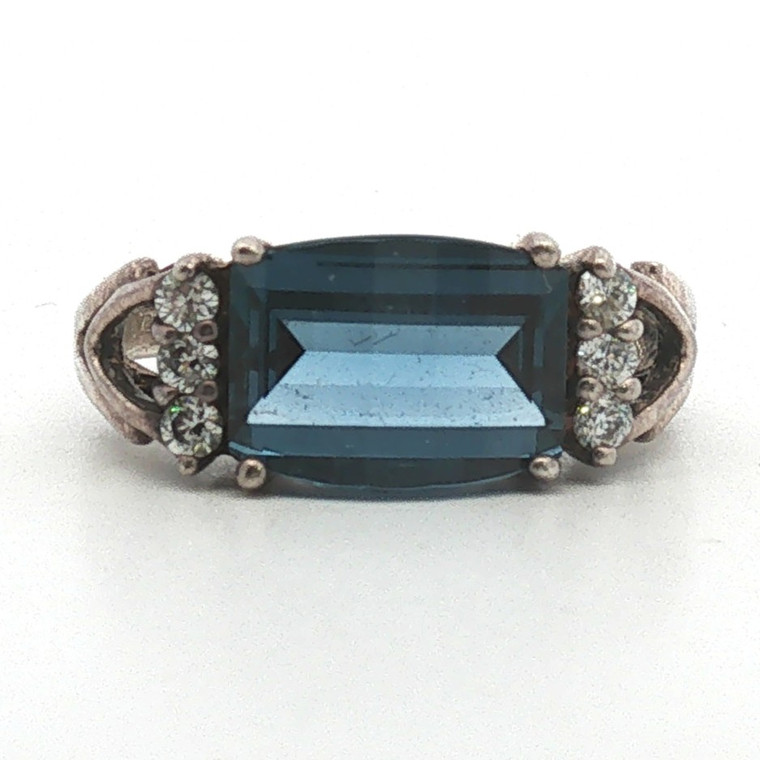 Sterling Silver Blue Gemstone With CZ Accent Statement Ring Size 7