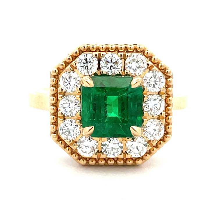 18K Yellow Gold Square 1.67ct Emerald with .70cttw Diamond Halo Ring Size 6.75