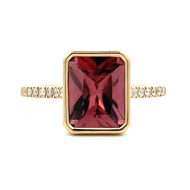 14K Yellow Gold Bezel Set Rectangle Pink Zircon With Diamond Accents Ring Size 7.25