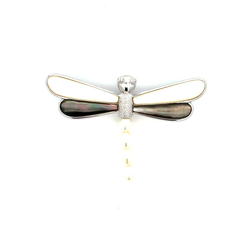 Sterling Silver Vintage Mother of Pearl and Iridescent Mother of Pearl Double Winged Butterfly with Pearl Tail Brooch and Pendant