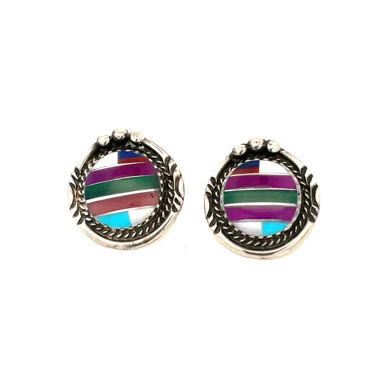 Sterling Silver Vintage Southwest Zuni Multi-Gem Inlay Post Earrings