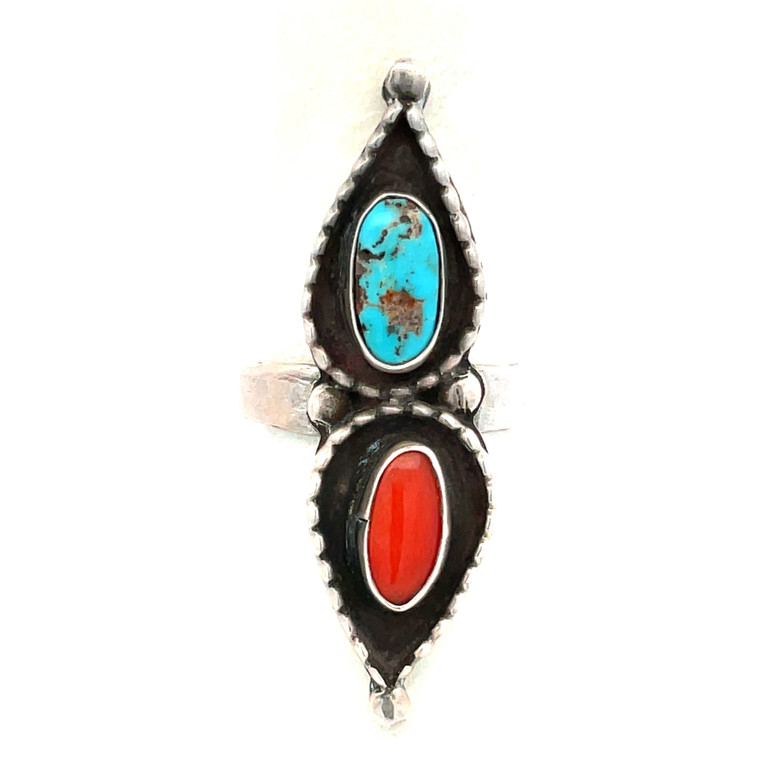 Sterling Silver Navajo Vintage Stacked Oval Turquoise and Coral in Braided Teardrops Ring Size 7