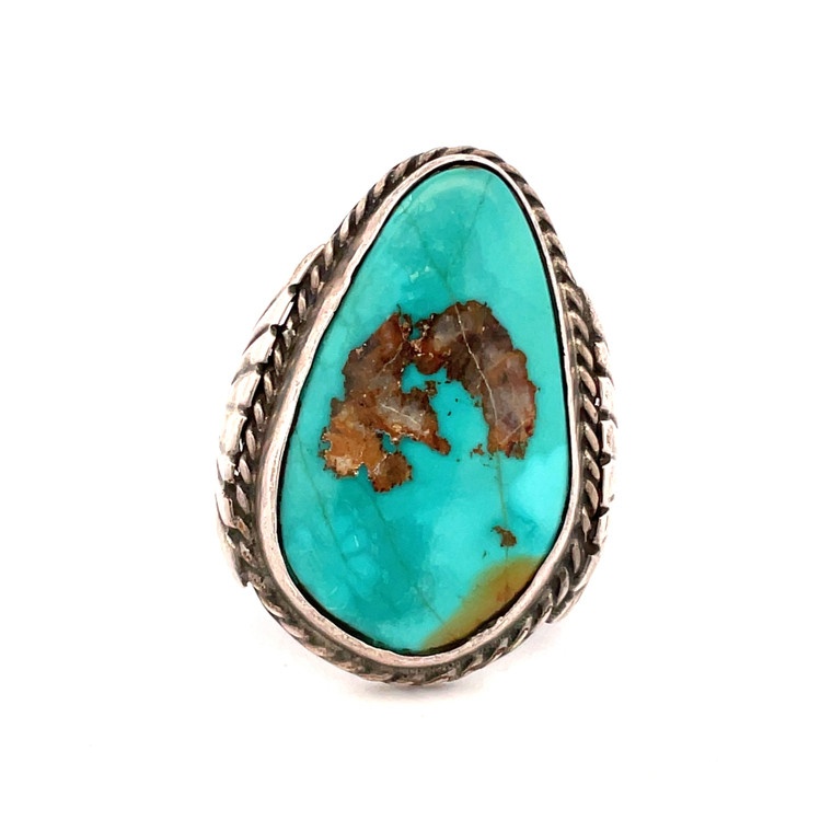 Sterling Silver Native Vintage Oval Turquoise In a Twisted Rope Border with Double Feathers Bezel Setting Ring Size 9