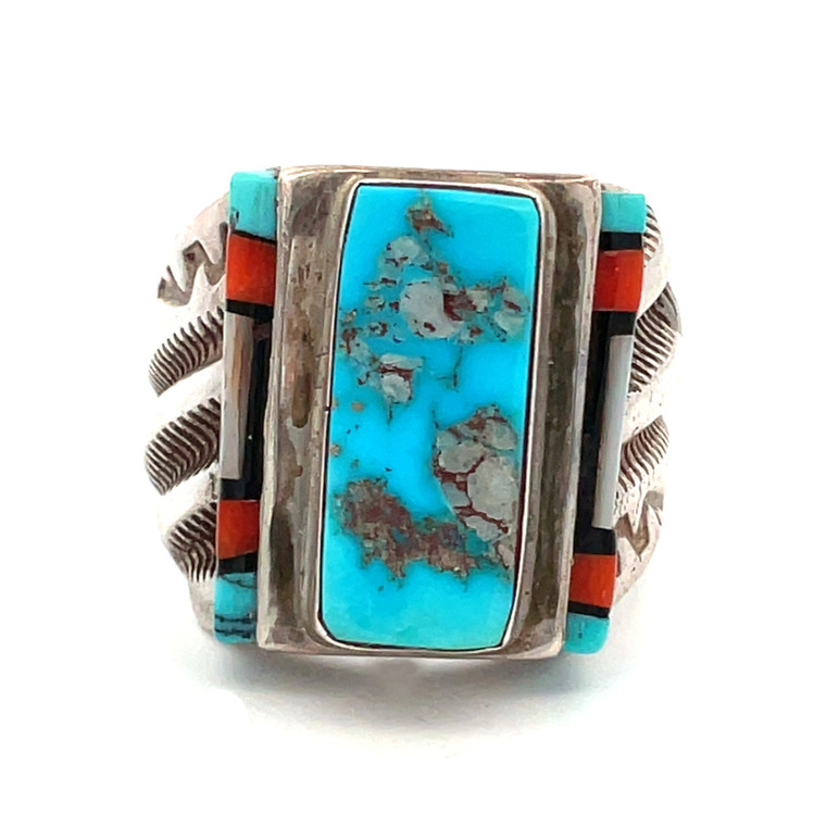 Sterling Silver Native Vintage Rectangle Turquoise with Multi-Gem Inlay on Sides Ring Size 10