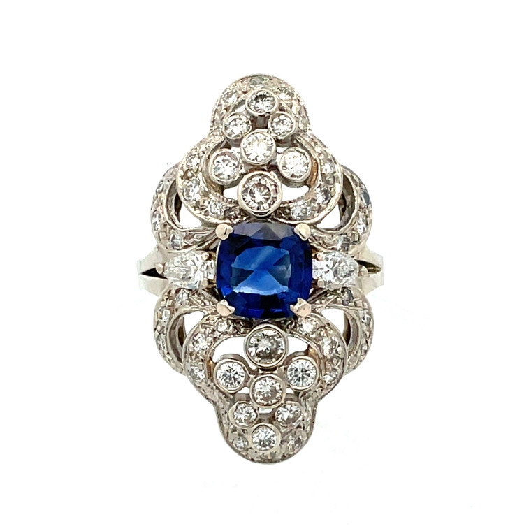 14K White Gold Vintage Filigree Cushion Cut 2.18ct Sapphire With 1.5cttw Diamonds Ring Size 7
