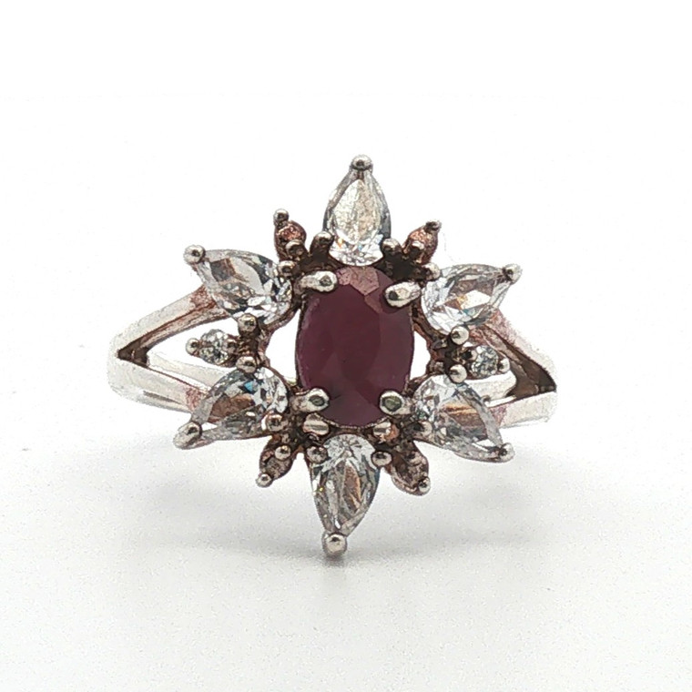 Sterling Silver Ruby And CZ Floral Cocktail Ring Size 7