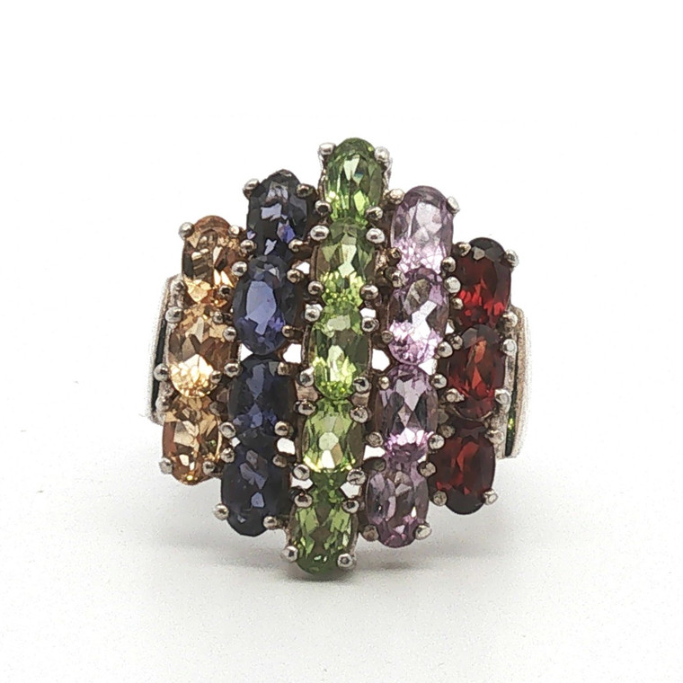 Sterling Silver Citrine Iolite Peridot Amethyst And Garnet Cluster Ring Size 7