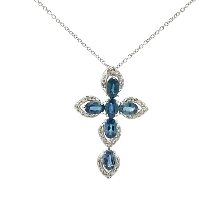 14K White Gold 45 SC Sapphire 1/5tw Diamond Teardrop Cross Pendant Necklace 18" Chain