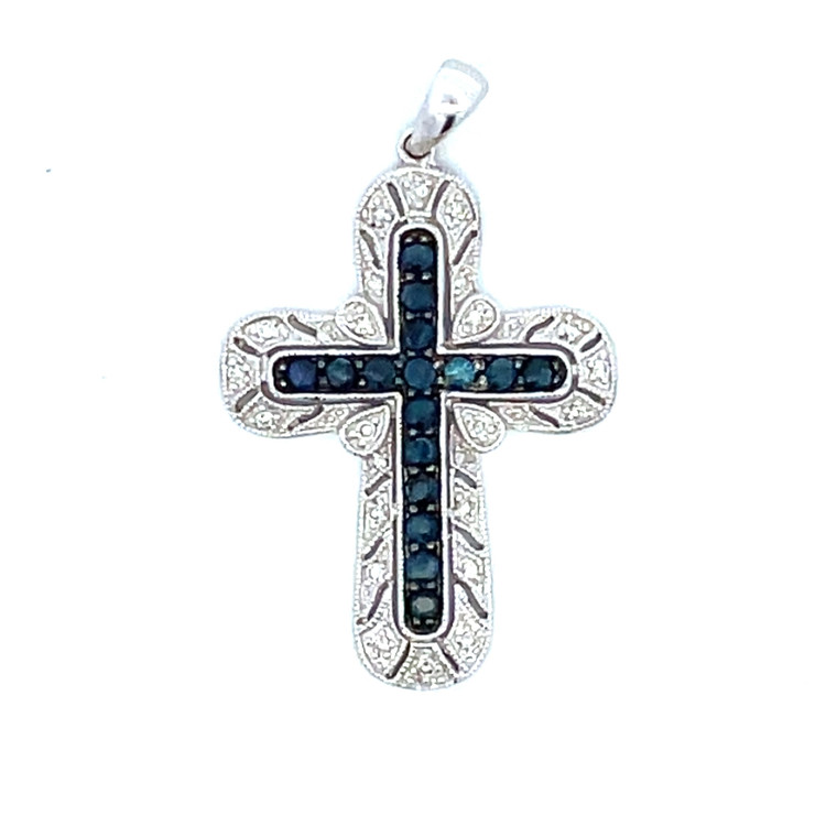 14K White Gold 24SC Sapphire 1/8tw Diamond Rounded Cross Pendant