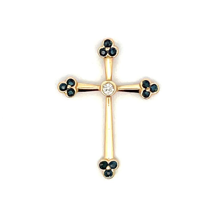 14K Gold 1B Sapphire .08tw Diamond Clover Tipped Cross Pendant