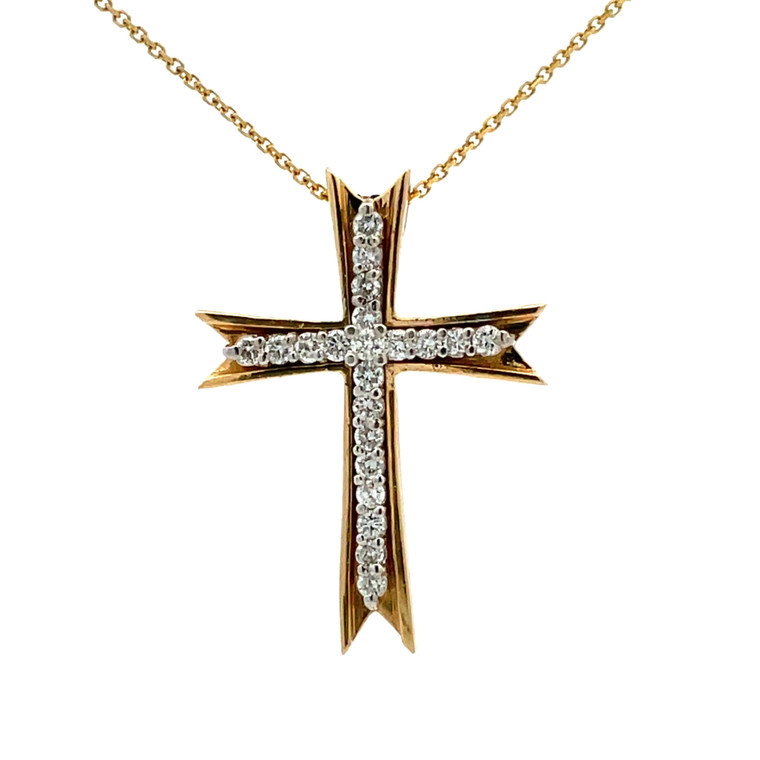 14K Gold Outline 21B 5/8tw Diamond Double Pointed Cross Pendant Necklace 16" Chain