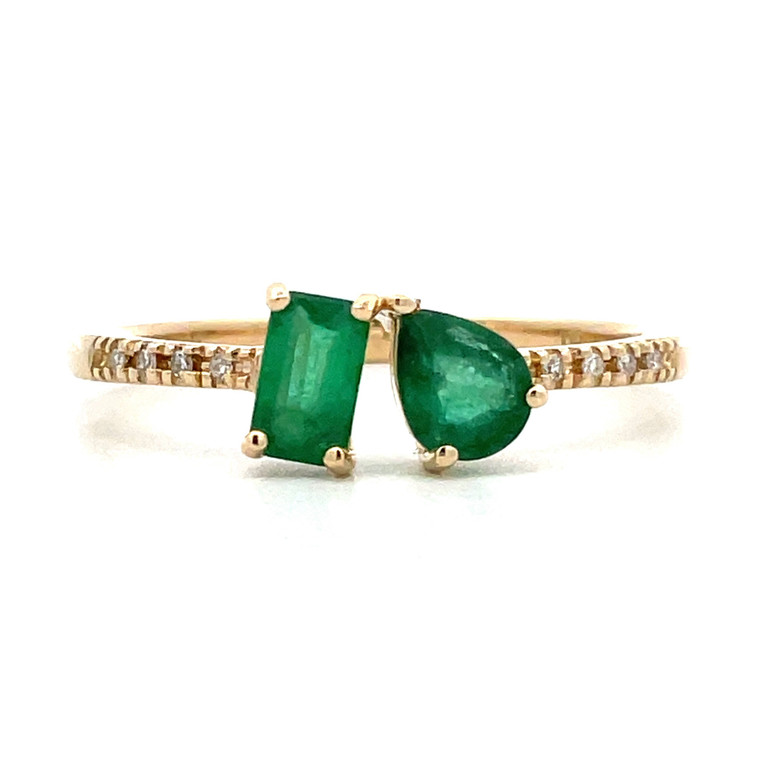 14K Yellow Gold 0.5cttw Pear and Rectangle Emeralds Toi et Moi With 0.02cttw Diamond Accents Ring Size 7