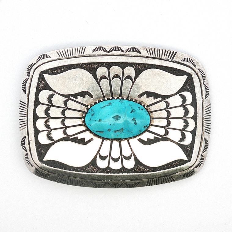Vintage Southwest Navajo Sterling Silver Turquoise Belt Buckle  -Signed Tc Singer