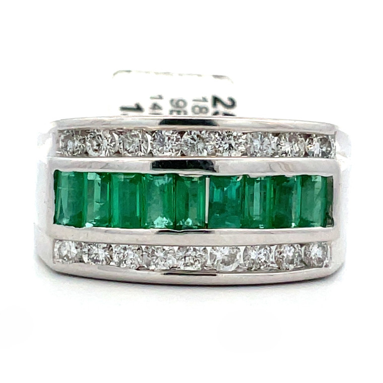14K White Gold Men's Nine Emeralds with .75cttw Round Diamond Accents Band Ring Size 10