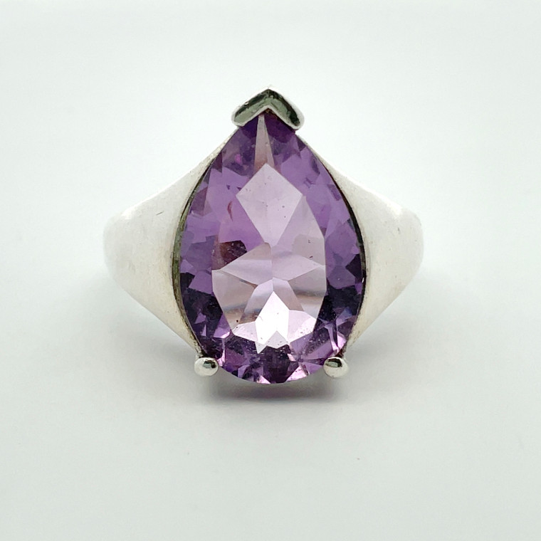 Sterling Silver Pear Cut Amethyst Ring Size 6.75