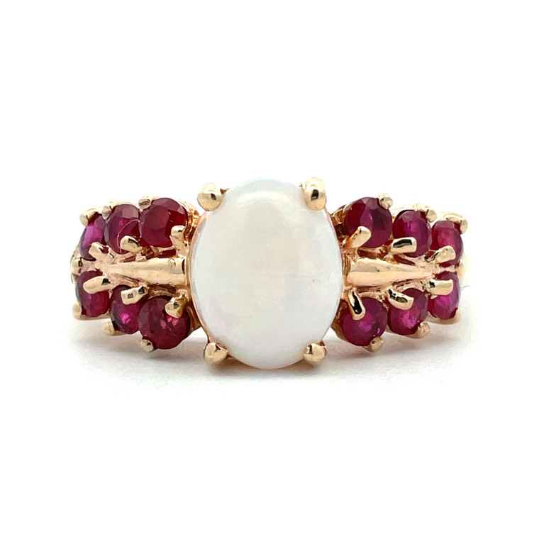 10K Yellow Gold Opal Double Row Ruby Accented Band Birthstone Fashion Ring Size 9.75