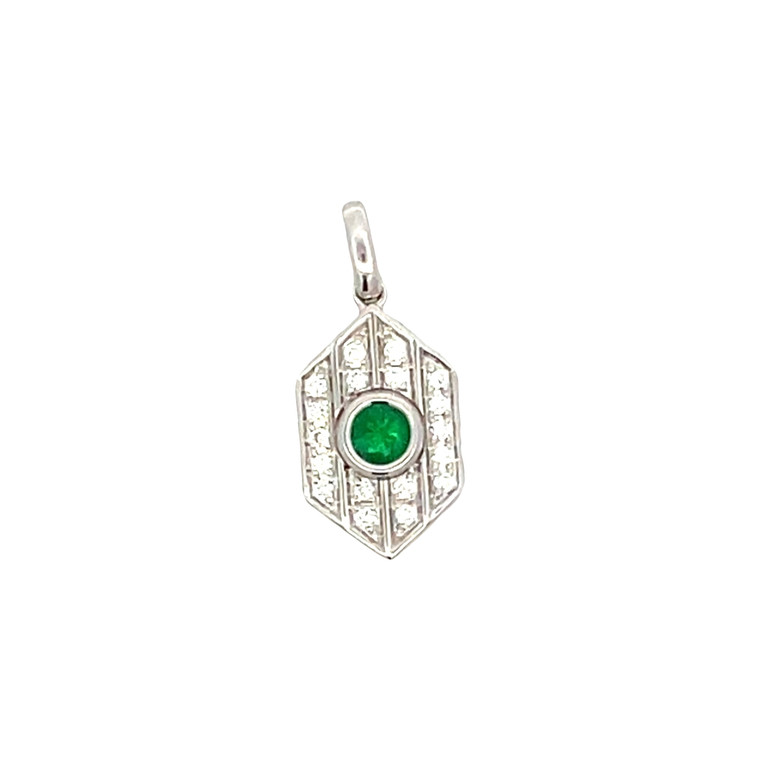 14K  White Gold 0.16ct Circle Emerald on a .12tw Diamond Shield Pendant