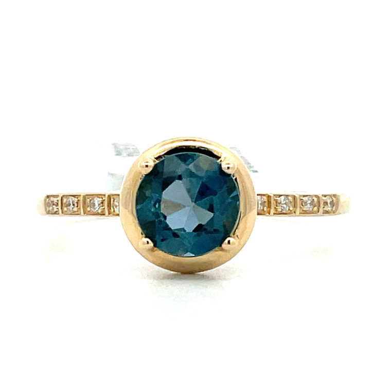 14K Yellow Gold 1.02ct Round Blue Topaz with Diamond Accents Ring Size 7