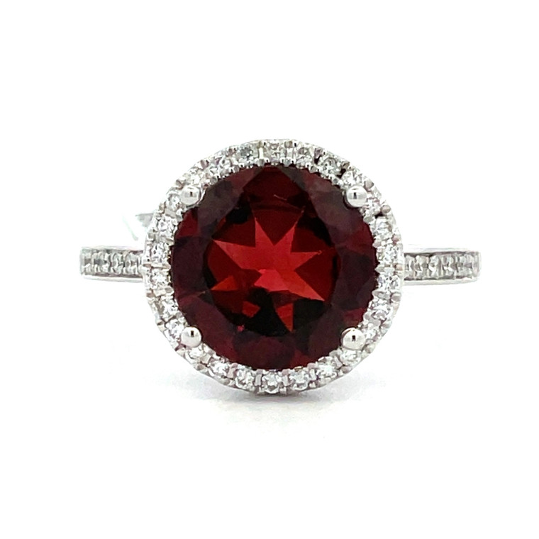14K White Gold 2.7ct Round Garnet with 0.2ct Diamond Halo Ring Size 6