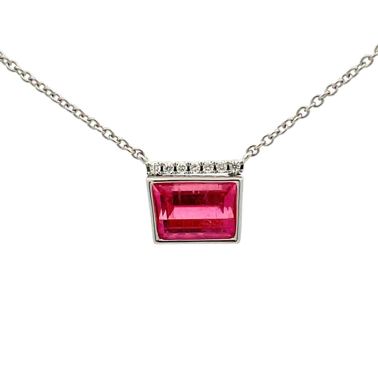 14K White Gold 2.42ct Trapezoid Pink Tourmaline With A .05tw Diamond Top Line Stationary Pendant 17.75" Chain Necklace