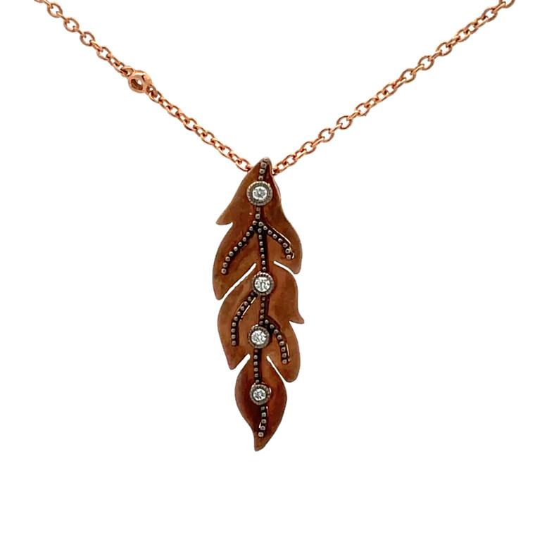 14K Rose Gold 1/10tw 4 Diamond Feather Pendant on a Diamond Studded 18" Rose Gold Chain Necklace