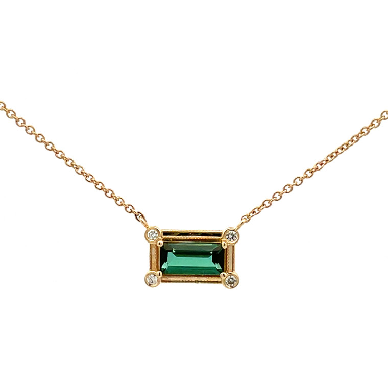 14K Gold .87ct Rectangle Blue Tourmaline With .05tw Diamond Circle Corner Stationary Pendant 17.5" Chain Necklace