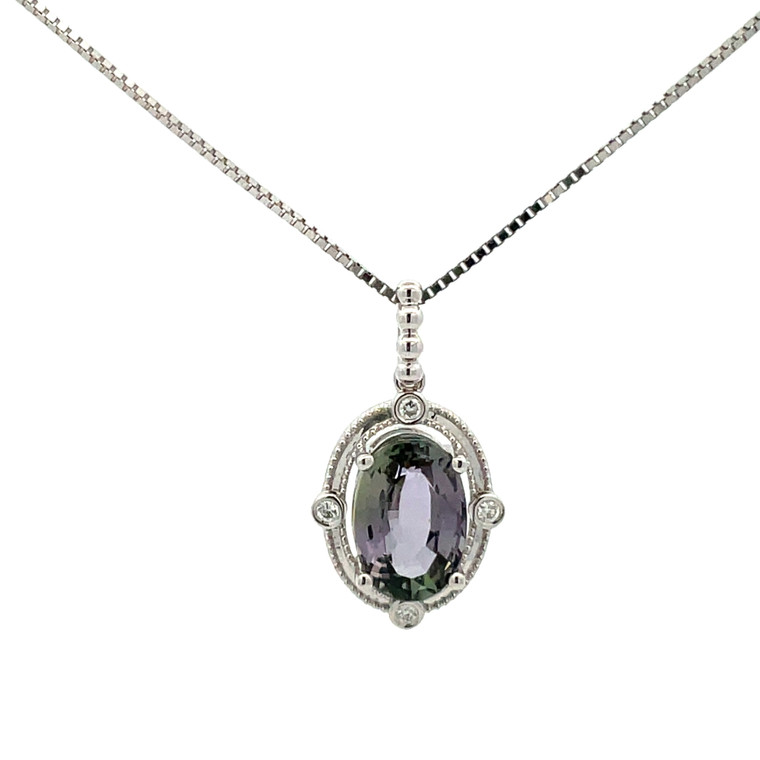 14K White Gold .63ct Oval Tanzanite With .04tw 4 Circle Diamond Pendant 16" Box Link Chain Necklace